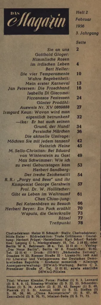 Table des matières de "Das Magazin" de 1956