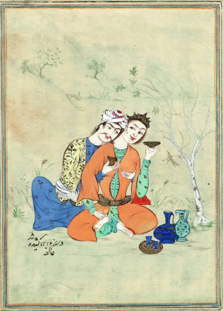 Akefeh von Koerber : Amoureux buveurs de vin, miniature persane