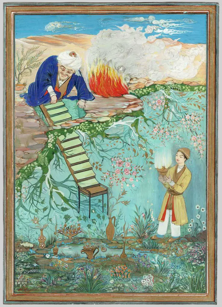 Illustration of the fairy tale "Aladdin and the magic lamp". Persian miniature by the painter Akefeh Monchi-Zadeh on her website "Orient and Occident"