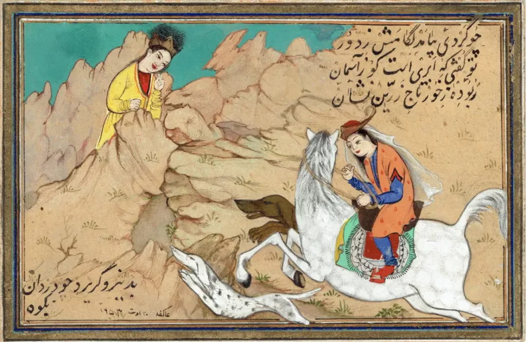 Shirin y Khossrov, miniatura persa e ilustración de un cuento de hadas persa
