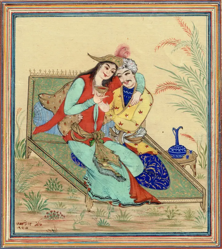 Akefeh von Koerber: Lovers on a divan, Persian miniature