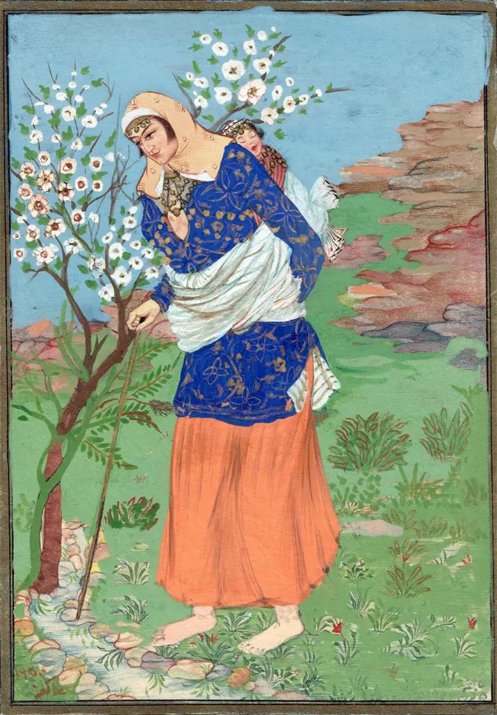 Persische Miniatur: Mutter mit Kind auf Wanderschaft