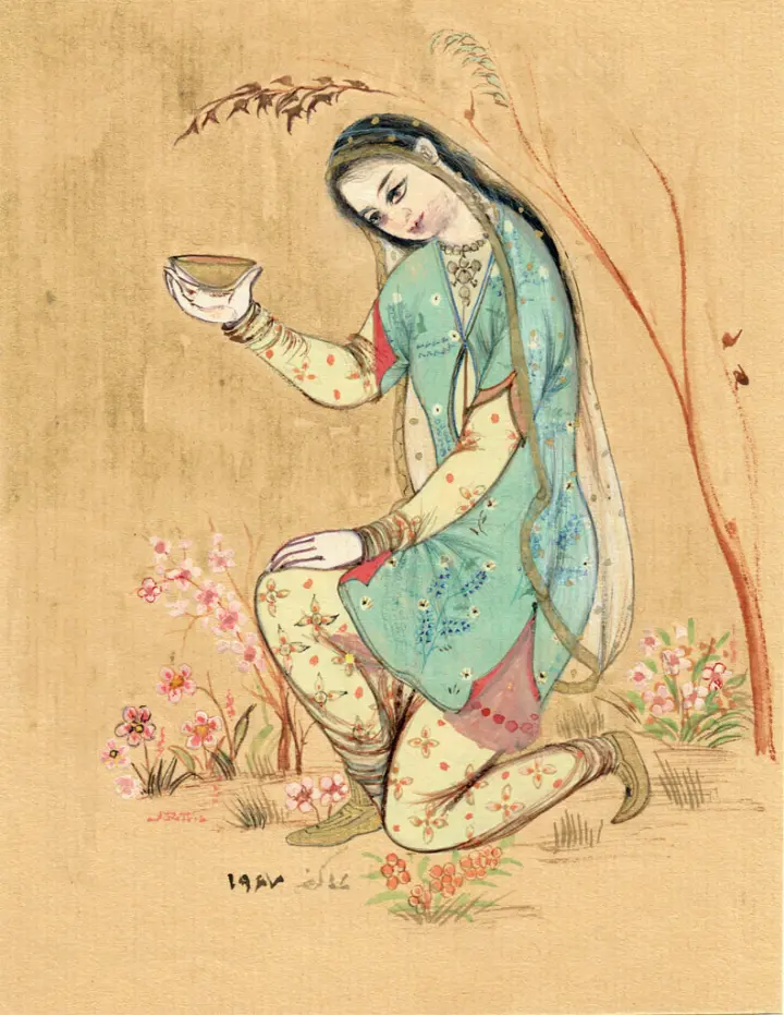 Mujer, presentando el vino I, miniatura persa