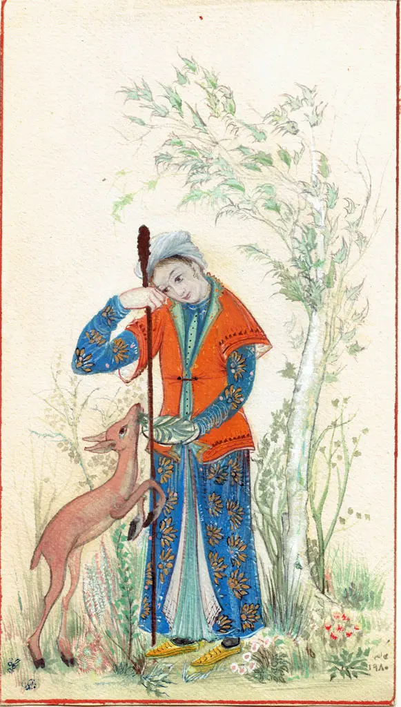 Akefeh von Koerber (Monchi-Zadeh). Persian miniature: Feeding a deer