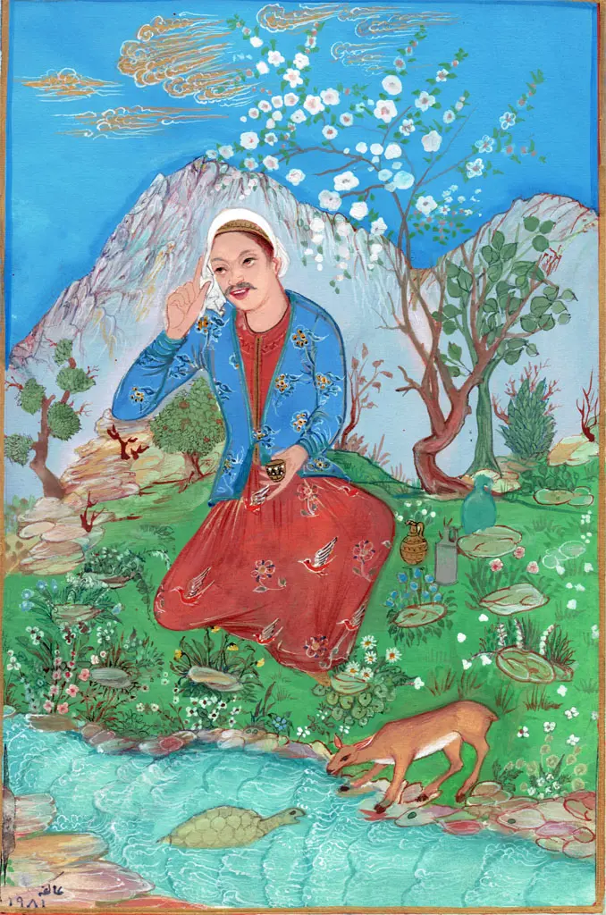 Akefeh von Koerber : Chanteur au bord de la rivière, miniature persane