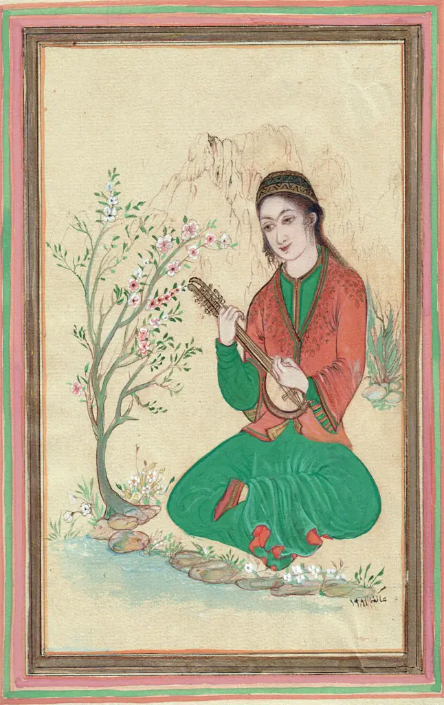 Miniature persane : joueur de luth au bord d'une rivière