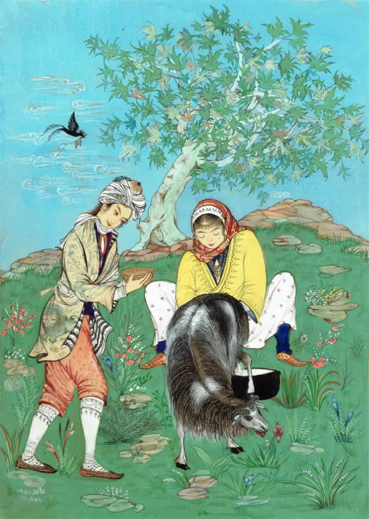 Akefeh von Koerber: Shepherd couple milking, Persian miniature