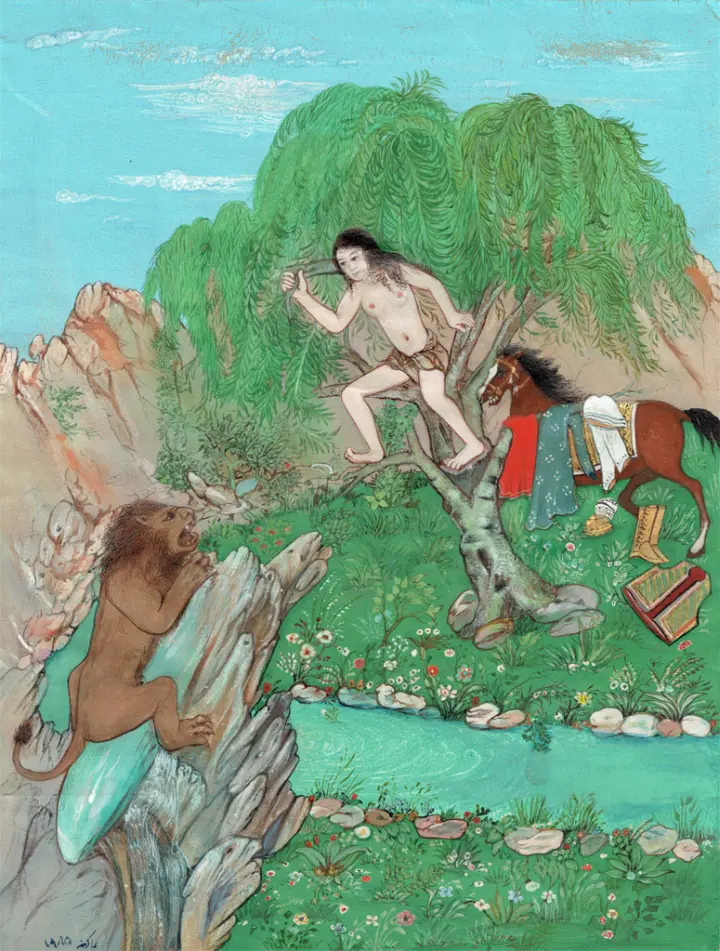 Akefeh von Koerber: Escapar del león, miniatura persa