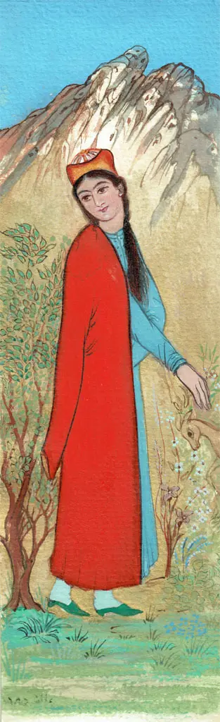 Persian miniature: woman in red coat